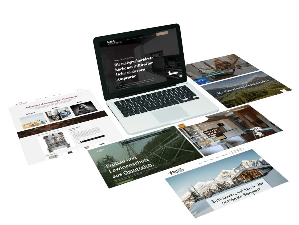 Das Bild zeigt verschiedene Layouts von Unternehmenswebseiten, die von GSALLER Media entworfen wurden.