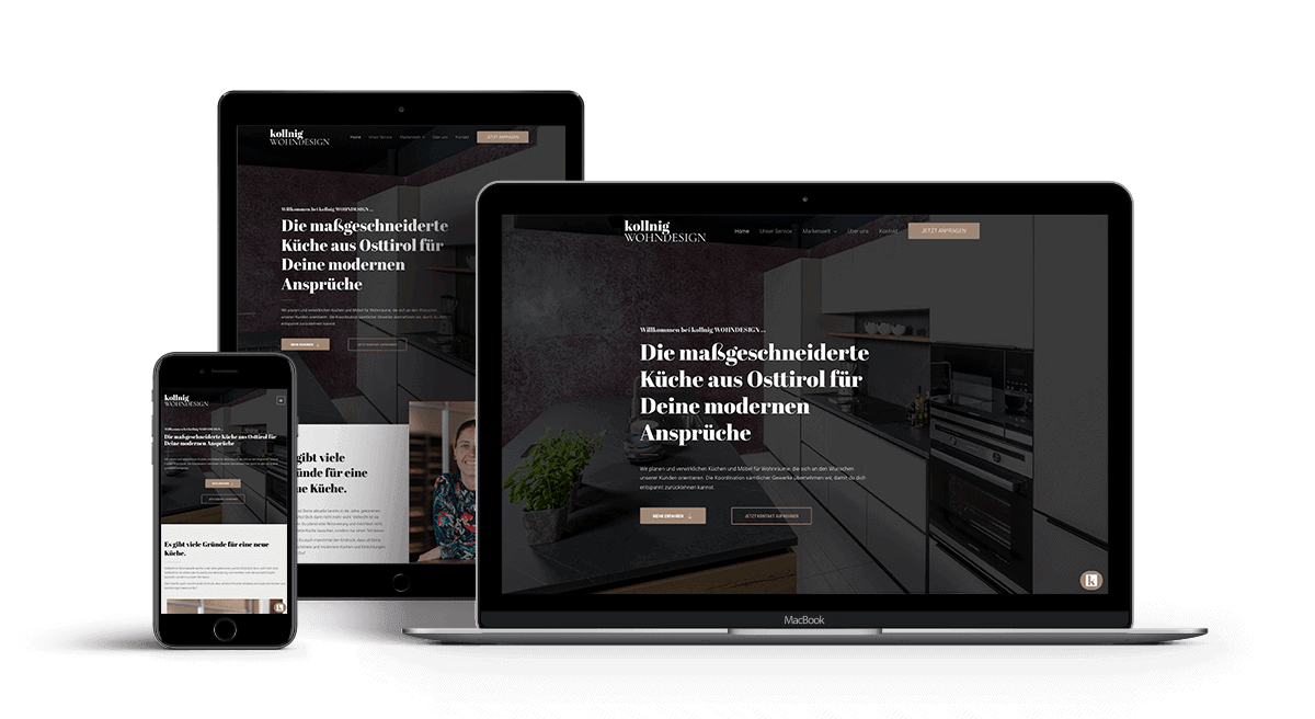 Das Bild zeigt eine Übersicht des Webdesigns von der kollnig WOHNDESIGN. Umsetzung von GSALLER Media.