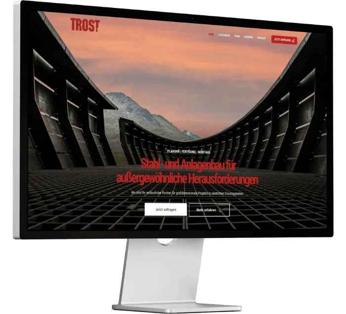 Die Firma TROST GmbH hat eine Website erstellen lassen von GSALLER Media. Das Bild zeigt eine Präsentationsansicht der neuen Website der Firma TROST GmbH.