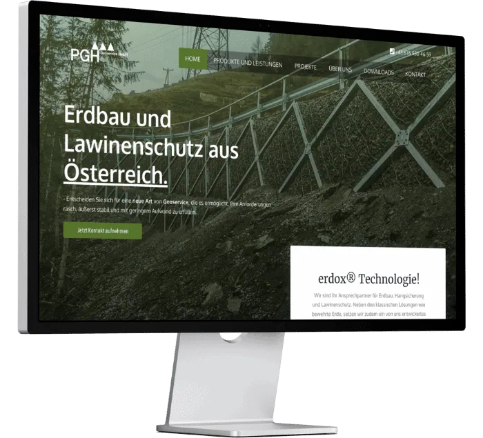 Die Firma Geoservice GmbH in Matrei in Osttirol hat eine Website erstellen lassen von GSALLER Media. Das Bild zeigt eine Präsentationsansicht der neuen Website der Firma PGH Geoservice GmbH und der Firma PGH Geobau GmbH.