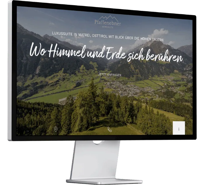 Die Pfaffenebner BERGSUITE hat eine Website erstellen lassen von GSALLER Media. Das Bild zeigt eine Präsentationsansicht der neuen Website der Pfaffenebner BERGSUITE in Matrei in Osttirol.