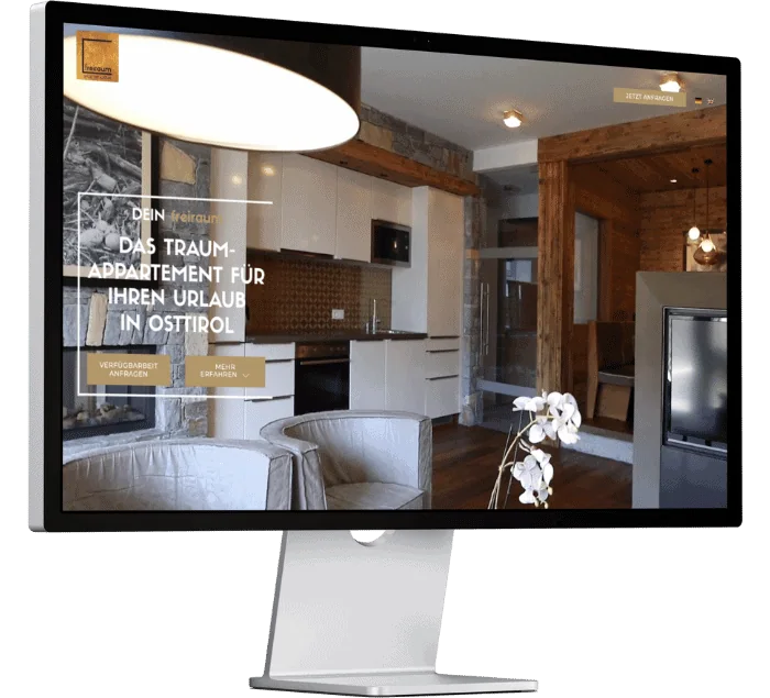 freiraum Appartements hat eine Website erstellen lassen von GSALLER Media. Das Bild zeigt eine Präsentationsansicht der neuen Website freiraum Appartements in Matrei in Osttirol.